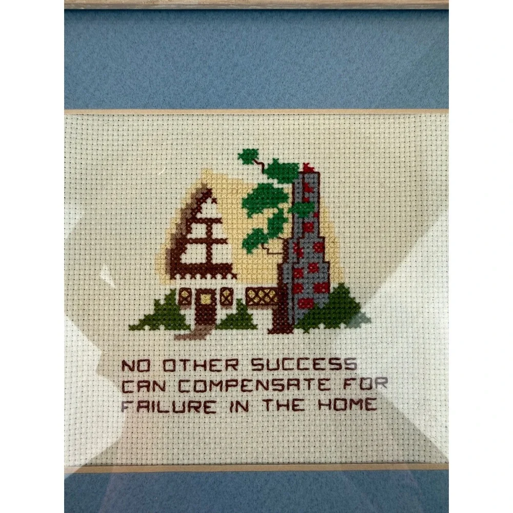 Vintage Needlepoint Cross stitched  Farmhouse Picture Kitchen Cottagecore Framed